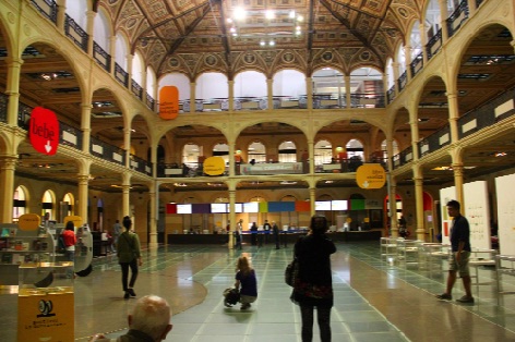 inside  Biblioteca Sala Borsa - underneath the glass floor is a view of the original city back to Etruscan and Roman days
