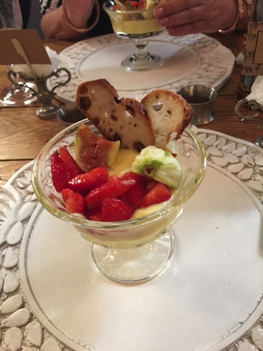 dessert - custard with strawberries, fresh figs, and buccellatto 