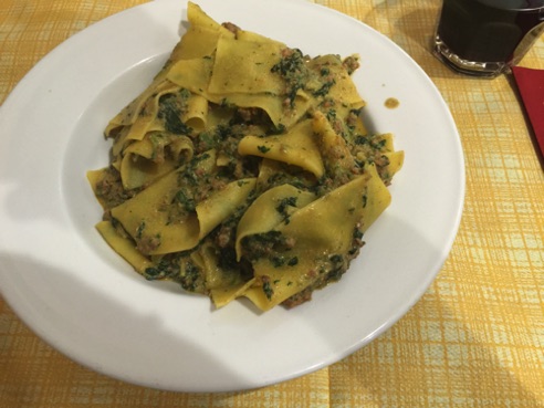 Maccheroni ( flat, not like U.S. macaroni) with meat, ricotta and spinach