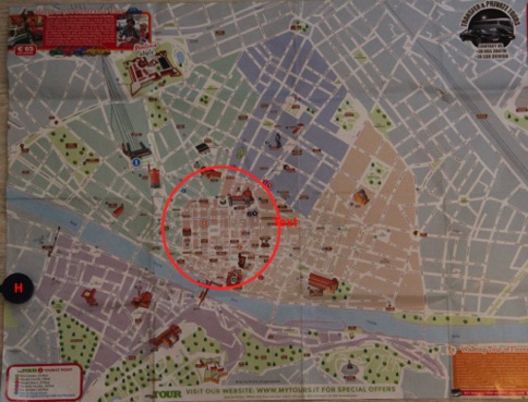 Our room is left hand corner of map red H and center of Florence is circled in red
