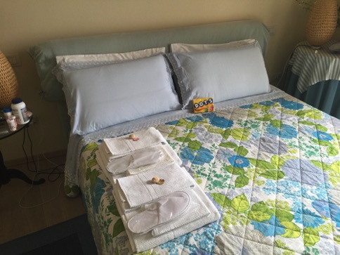 towels and soaps. There are dots on the bed which our good friends MaryAnn&Frank gave us. Golfing JOKE.
